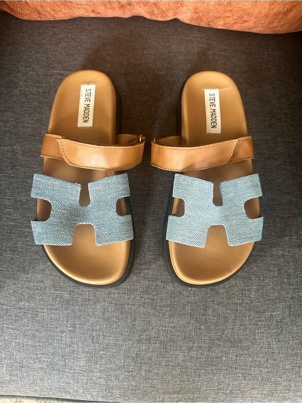 Steve Madden Mayven Two-Tone Tan and Light Blue Slide Sandals